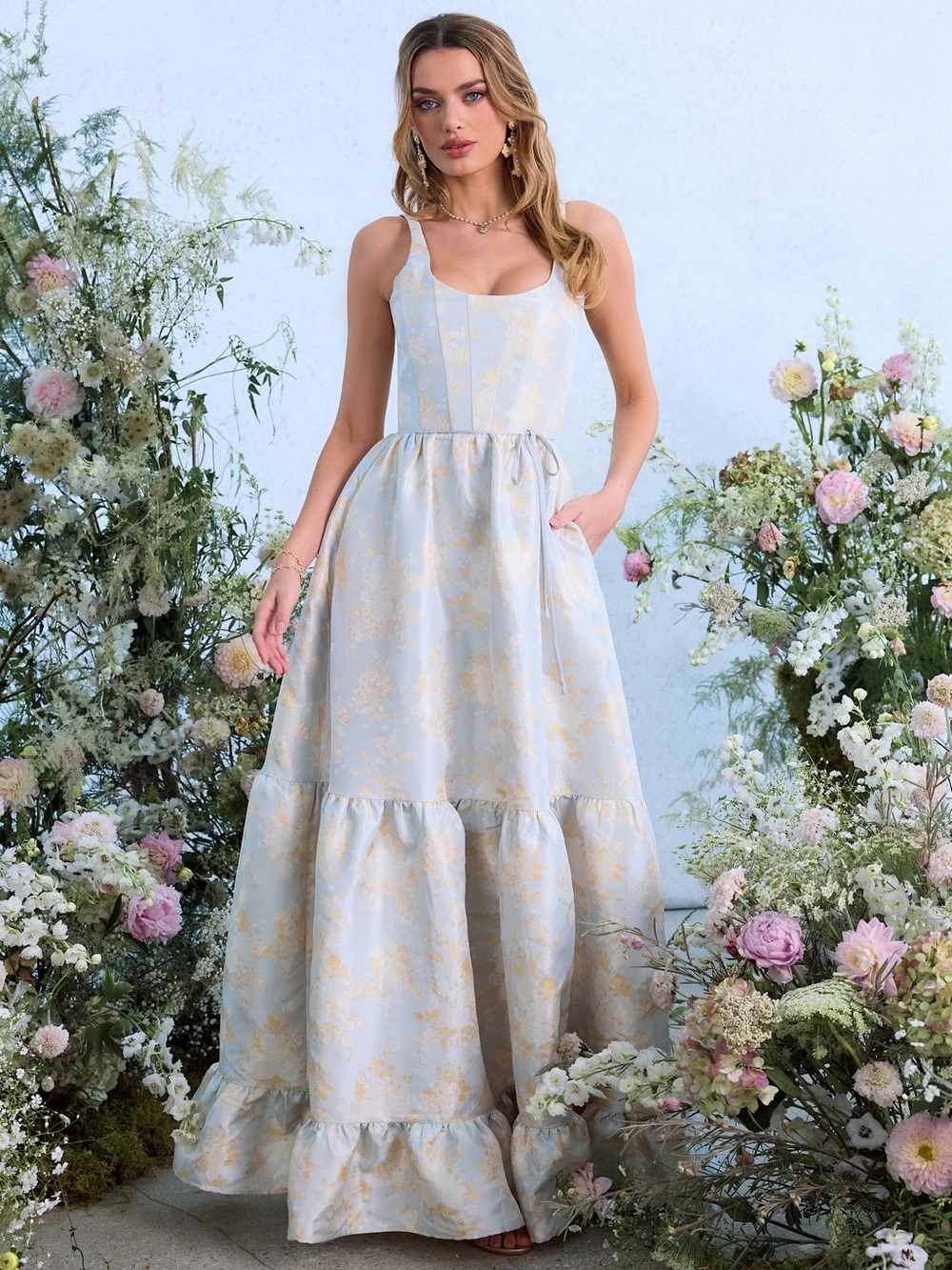 V. Chapman Avery Scoop Neck Floral Sky Windsor Brocade Gown NEW with tags